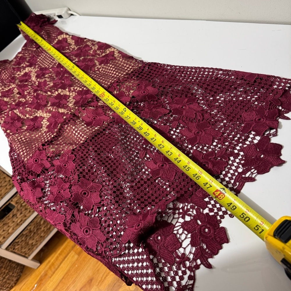 Bardot feminine whimsical  fairy Burgundy Lace romantic, formal Midi Dress - Picture 13 of 14
